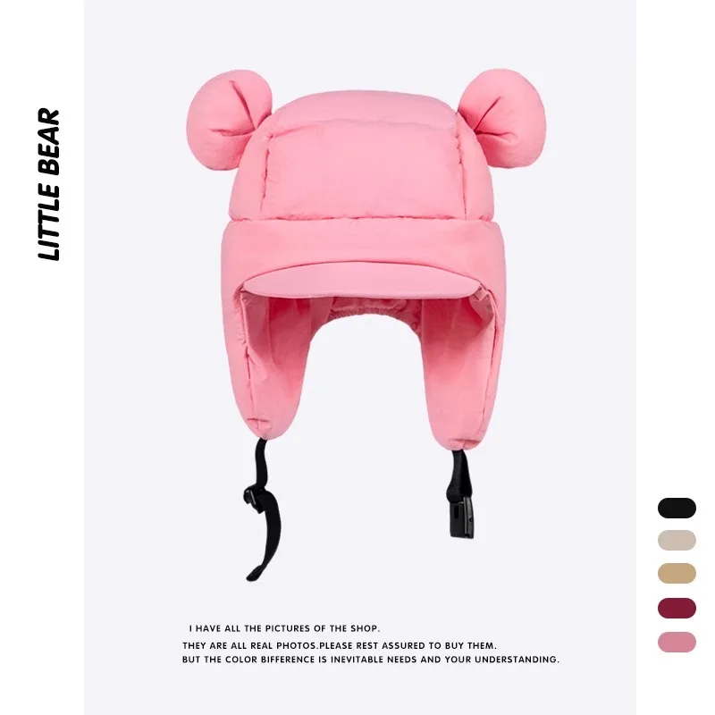 Korean Cute Bear Ears Padded Bomber Hats for Women Autumn and Winter Outdoor Riding Windproof Warm Ear Protection Men's Cap