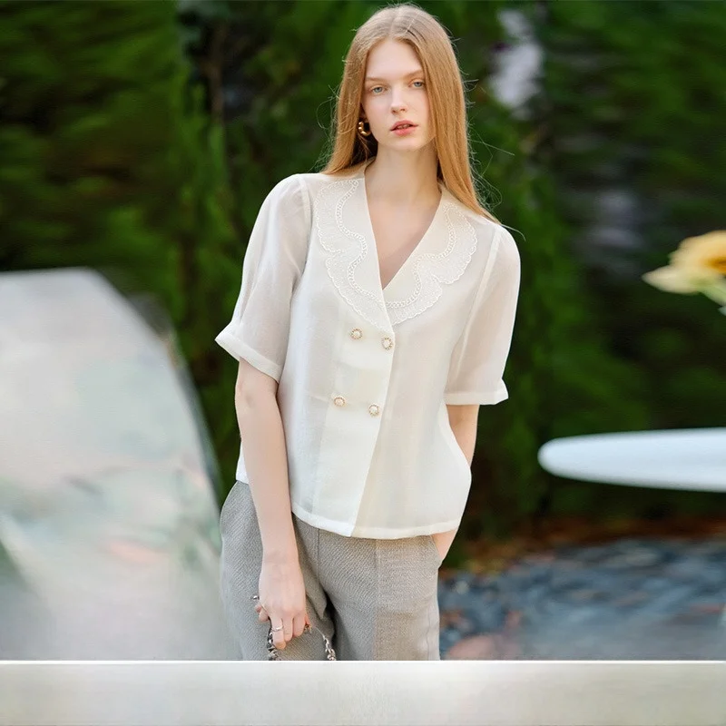 Embroidered ort Sve irt Stand Collar Double Row Pearl Buttons Korean Sle Loose Fit Commute Sle Summer New Arrival