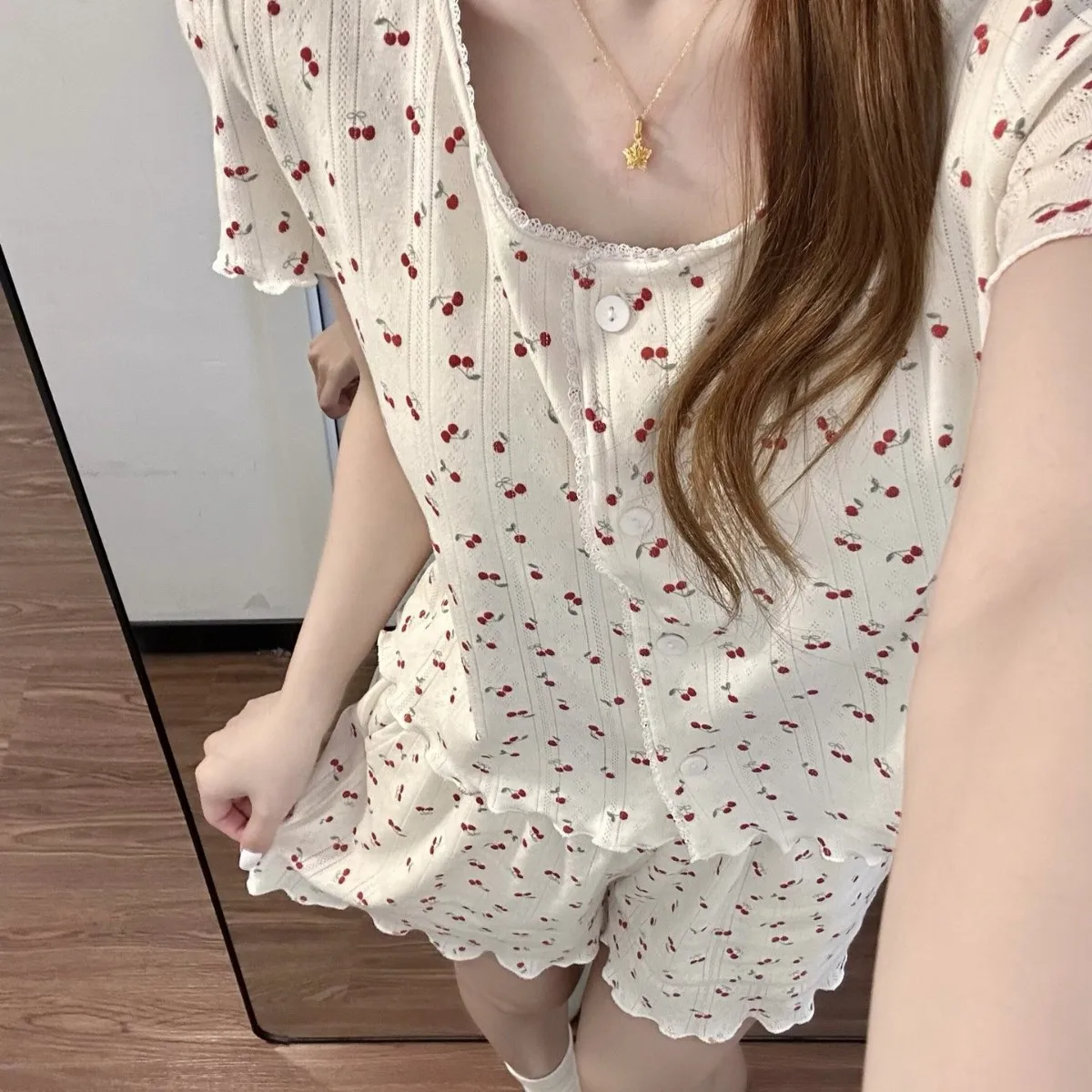 

Sweet Lace Cherry Short-Sleeve Pajamas for Women Summer New Loose Cardigan and Shorts Homewear Set Women's Summer Clothing