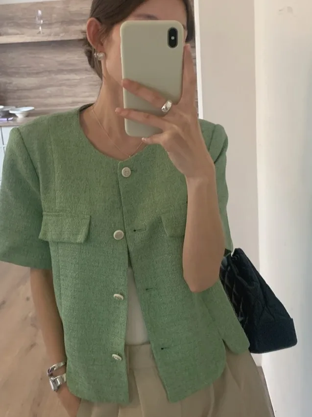 

Chic Summer Avocado Milkake Vintage Small Fraance Sle ort Coarse Tweed Women's Single Button Coat Jaet Top