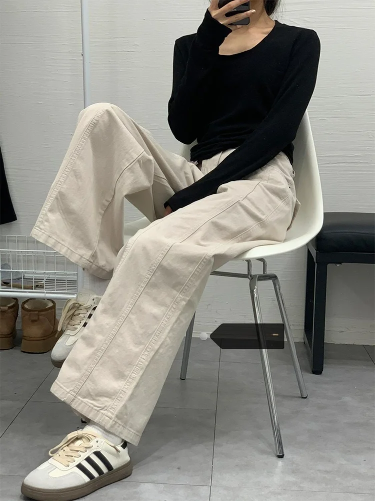 

High Waist Straight Leg Wide Leg Jeans Women's Workwear Denim Pants Summer New plus Size Fat MM Beige Color Loose Long Trousers