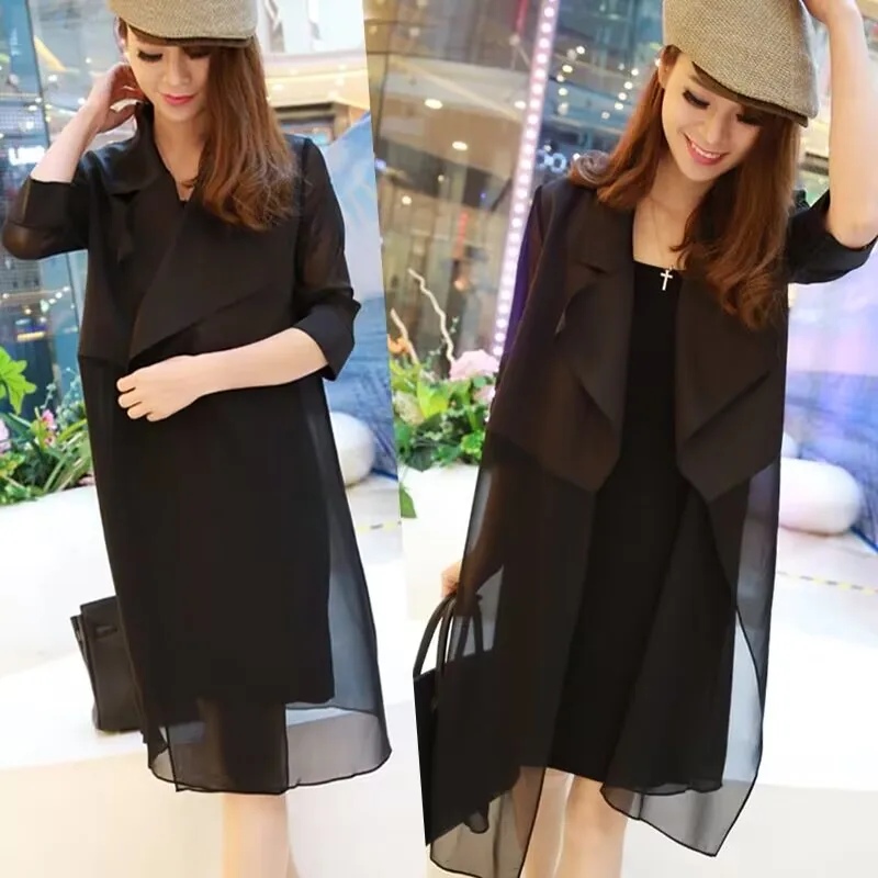 Korean Fashion Mid-Length Trench Coat Outfits Sexy Black Slip Dress Suit Spring Summer Plus Size 2 Piece Set Trench Coat + Dress