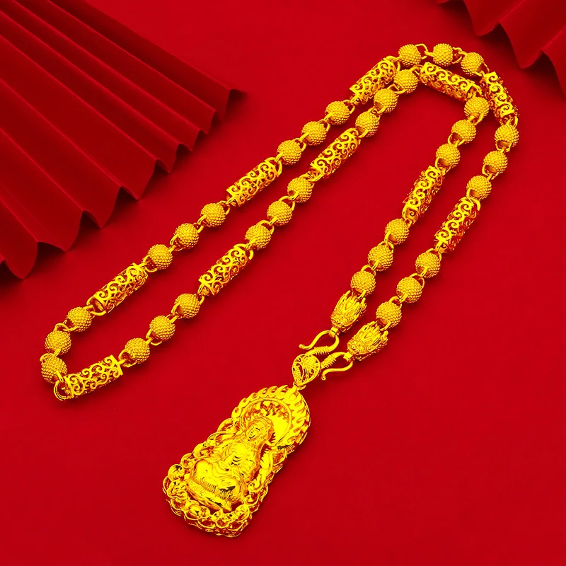 Luxury Banquet Hollow Di Huang Guanyin Necklace For Men 24K Gold AU999, Eye catching Men Jewelry