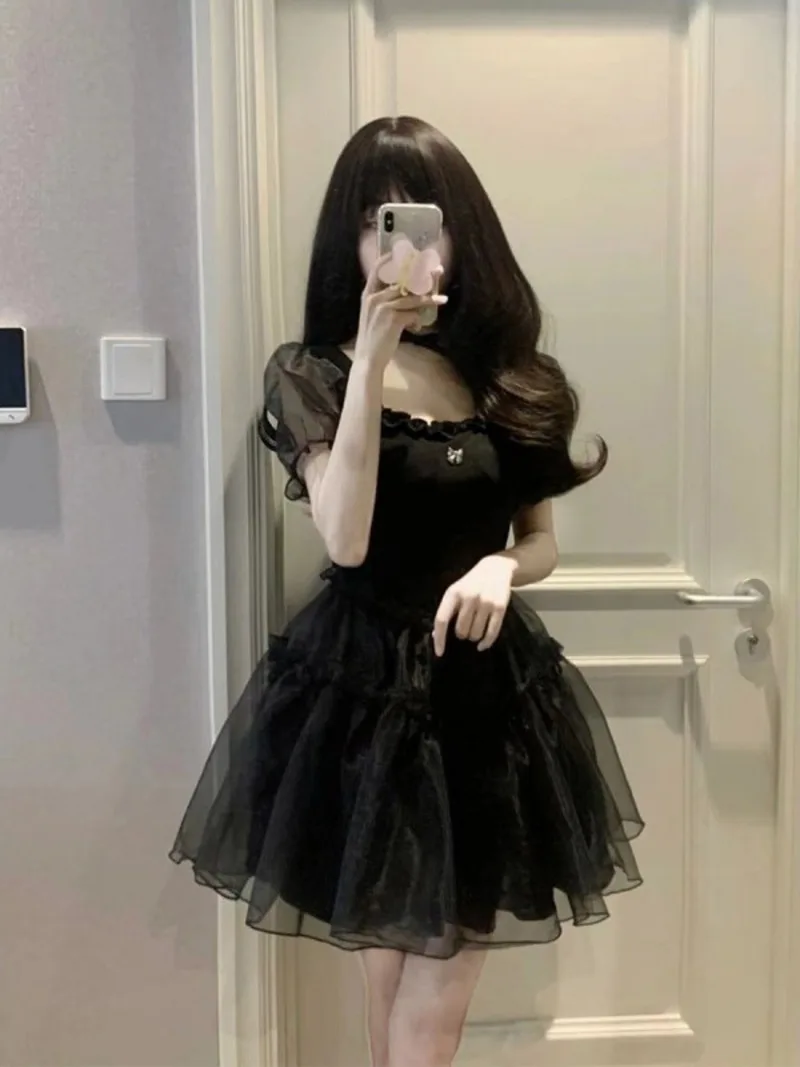 2023 Summer New Black Yarn Dress Fluffy Small Short Square Neck Spicy Girl Sweet Style Small Puff Sleeve Sexy Lovely Short FO30