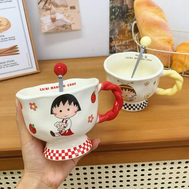 Chibi Maruko-Chan Cartoon Mug Good-Looking Ceramic Cup Household Drinking Cup Coffee Cup Souvenir Spoon Holiday Gift for Girls