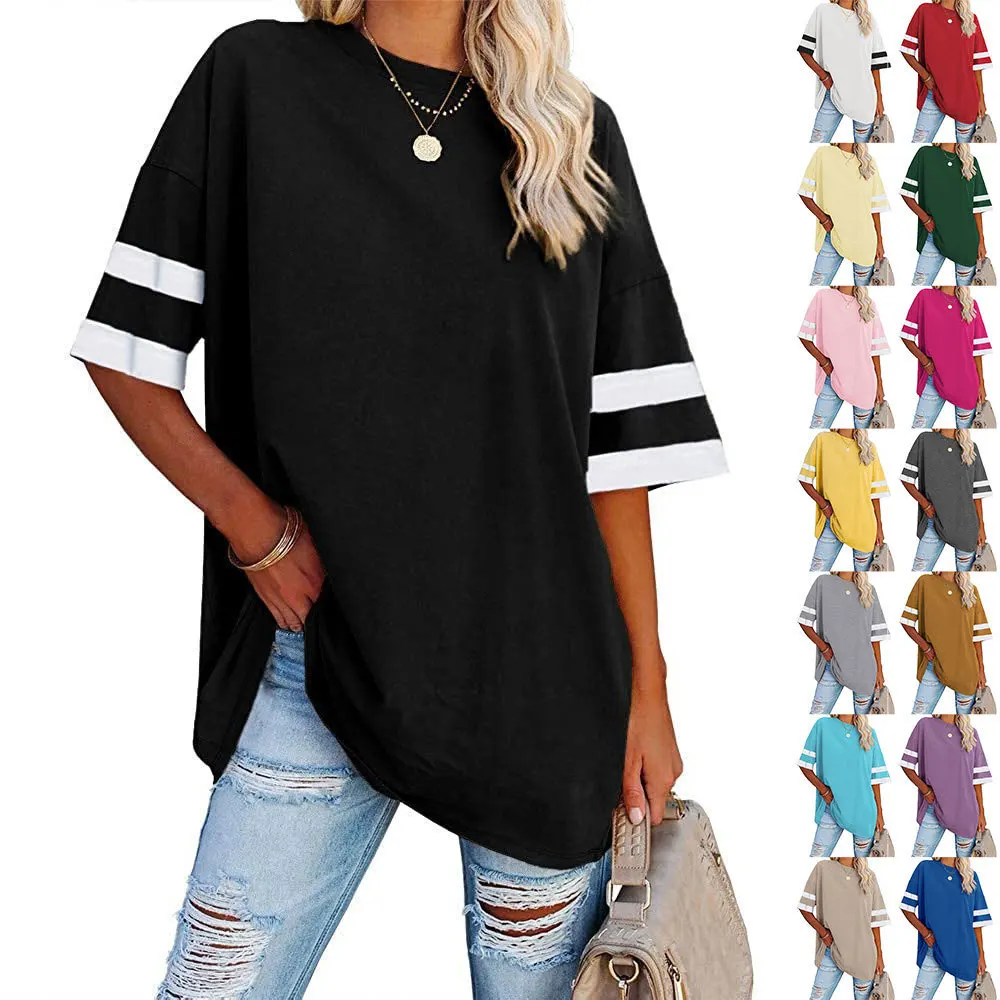 

Summer Women's T-shirt Cotton Blended O-neck Half Sleeve Loose Large Size Fashion Contrast Color Casual Basic Tees