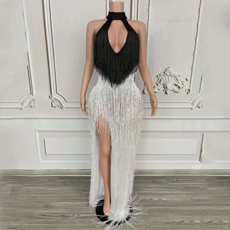 6 カラーブロックフリンジパーティードレス女性祝うフェスティバル衣装ナイトクラブバーイブニングドレスステージキャットウォーク衣装 XS10143