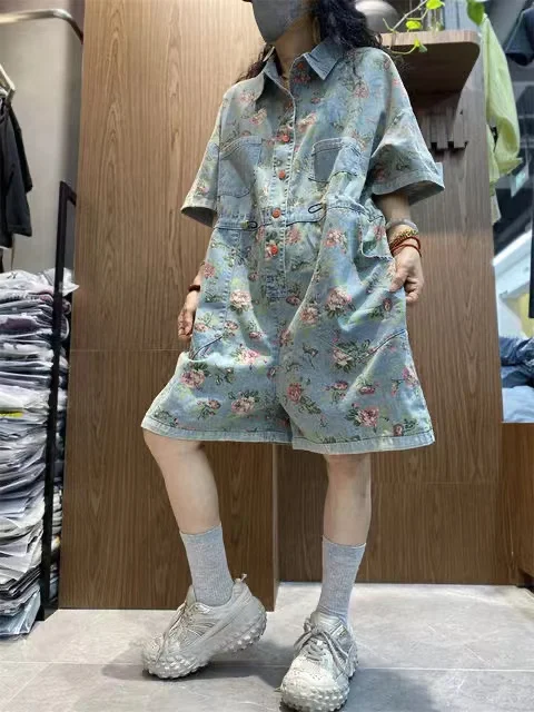 

Loose Summer Floral Workwear Denim Overalls Women's High Waist Wide Leg Pants Button Closure ort orts Casual Sle