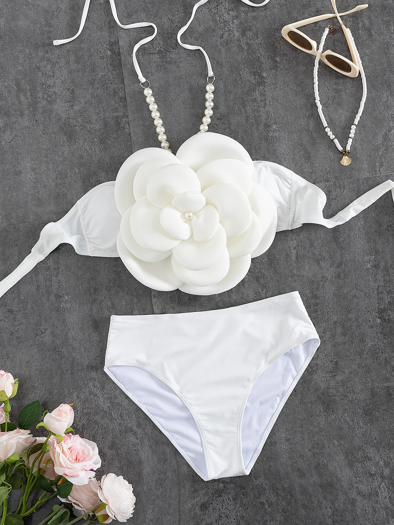 أنيق ارتفاع الخصر الرسن الرقبة النساء 2 قطعة ملابس السباحة ، مثير زهرة بيكيني للنساء سيدة بيكيني ملابس الإناث عطلة بحر