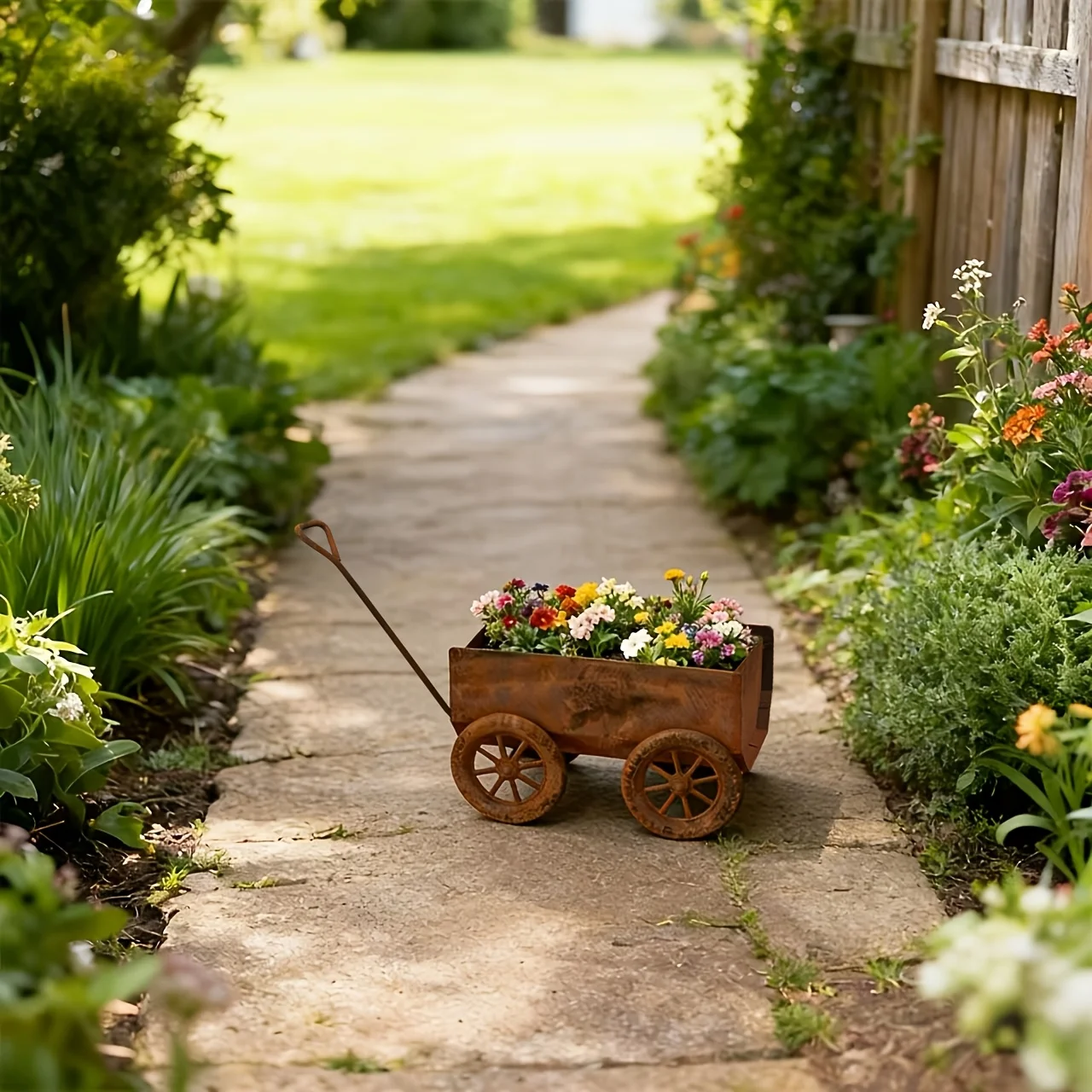 Rustic Four-Wheel Cart Planter, Iron Rusty Cart Planter, Country-Style Metal Flower Cart with Wheels, Handles And Drainage Holes