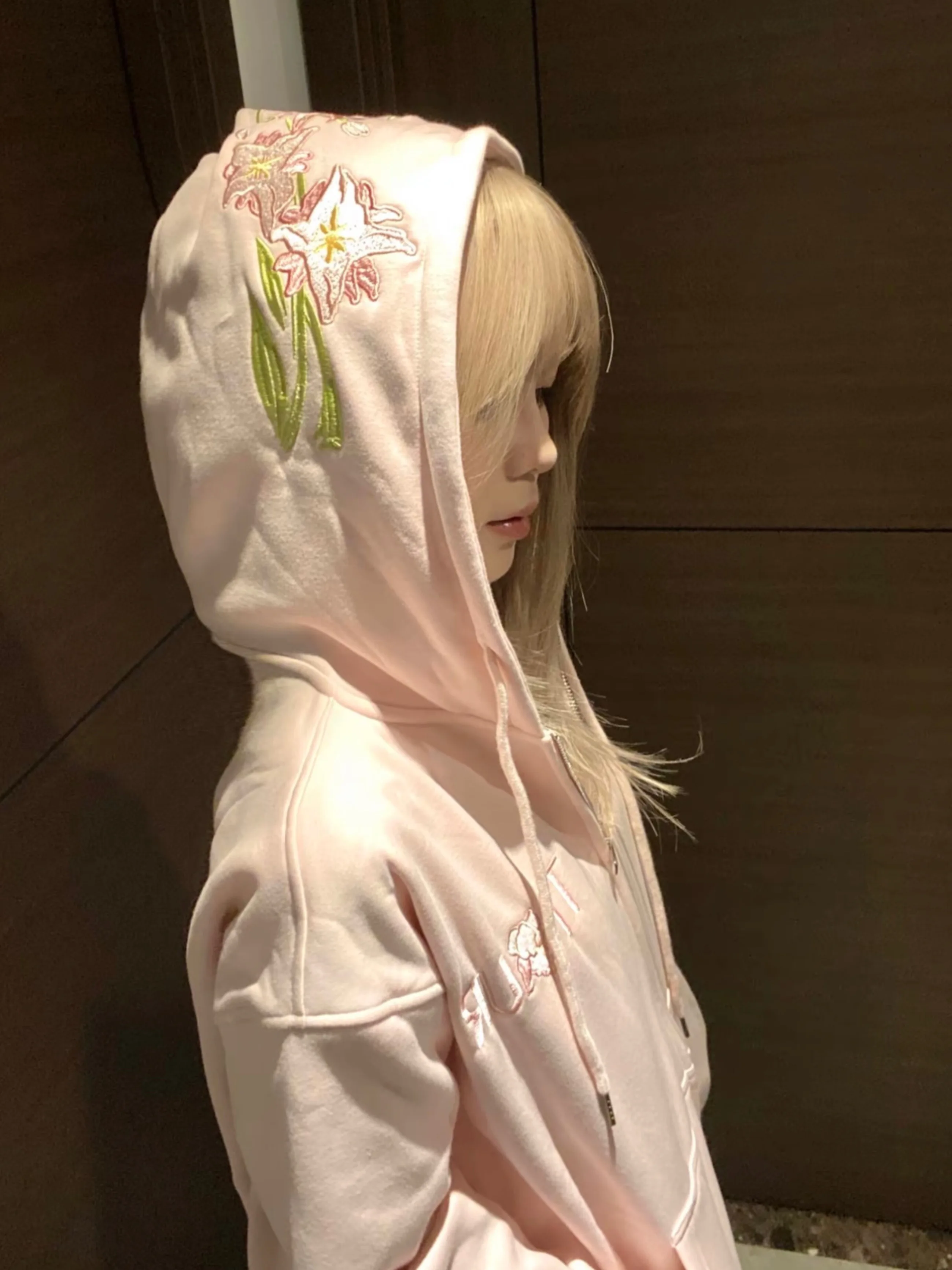

Pink Floral Embroidery Hooded Zipper Cardigan Women's Sweatshirt Autumn Winter American High Street Design Sense Outerwear