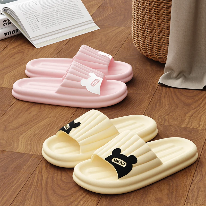 Feslishoet Cartoon Bear Summer Slippers Non Slip Bathroom Floor Flat Ladies Shoes Thick Bottom Slides Indoor and Outdoor