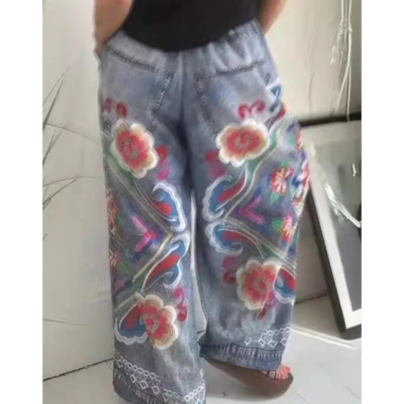 2025 แฟชั่นผู้หญิง Drawstring กางเกงขากว้างฤดูใบไม้ผลิฤดูร้อนหญิงพิมพ์ Patchwork Elegant กางเกงหลวม Fit Lady กางเกง