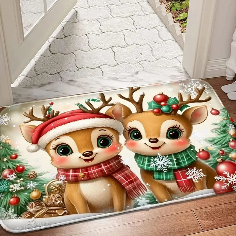 

1pc flannel entrance mat, water absorbing door mat, Christmas gift, reindeer print, bedroom small carpet, living room floor mat