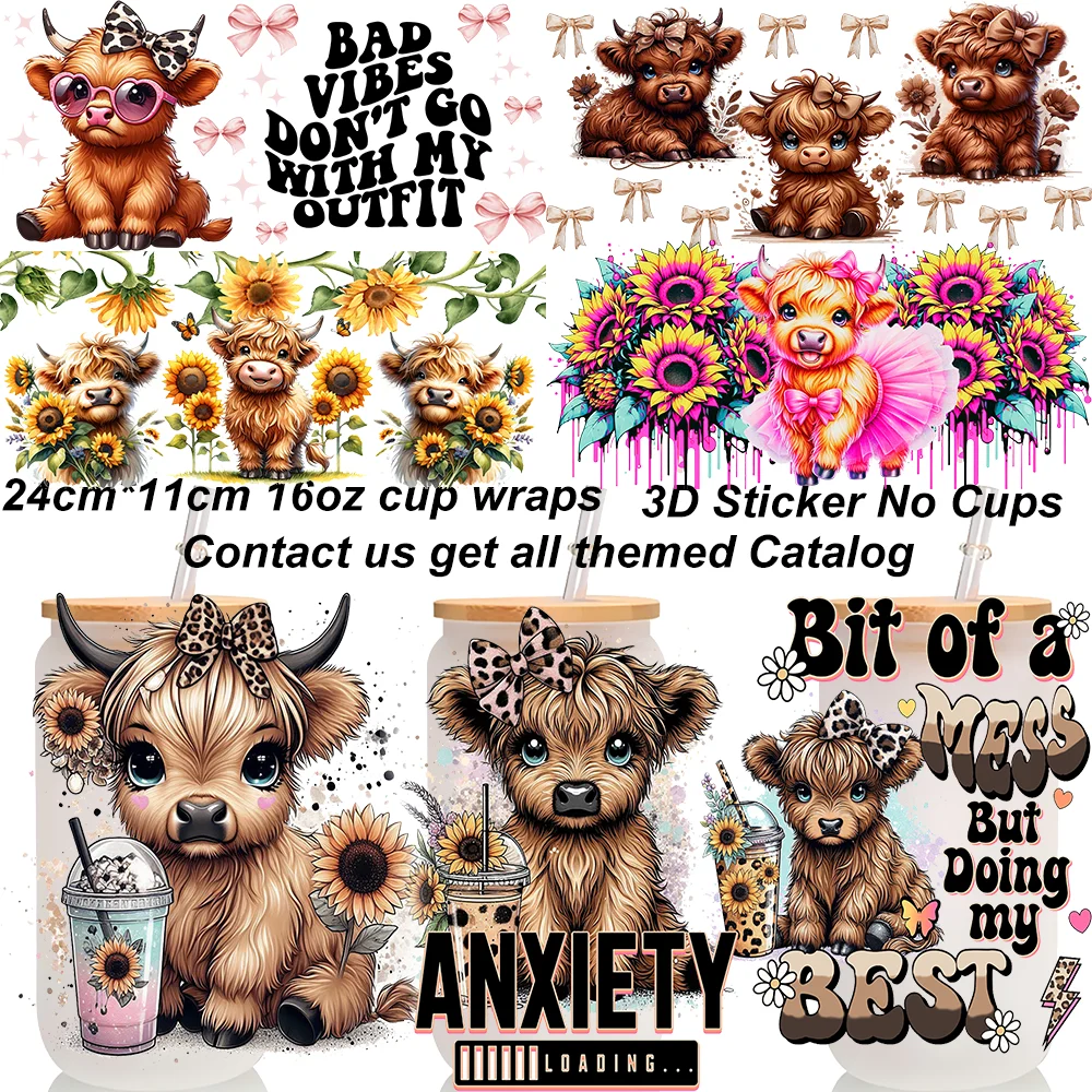Highland Cattle Baby 16oz UV DTF Sticker Cup Personalize UV Wrap Label DIY Logo Self Adhesive Cow Design 3D Transfer Sticker