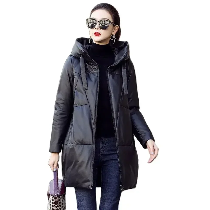 Thicken Snow Parkas Women's Warm Hooded PU Leather Jacket Black Loose Long Coat Windproof Female Cotton Leather Overcoat A310