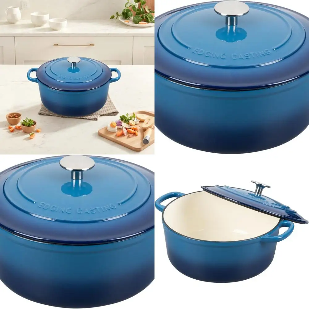 

7-Quart Round Enamel Cast Iron Dutch Oven with Lid, Ideal for Bread Baking, Oven Safe to 500°F, Lake Blue