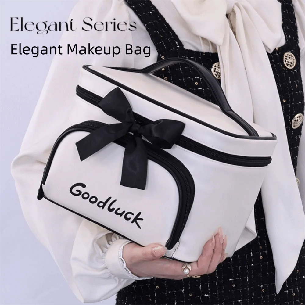 Waterproof PU Cosmetics Storage Bag With Zipper Dust-proof Bowknot Makeup Bag Multi-Compartment Large Capacity Washing Bag Women
