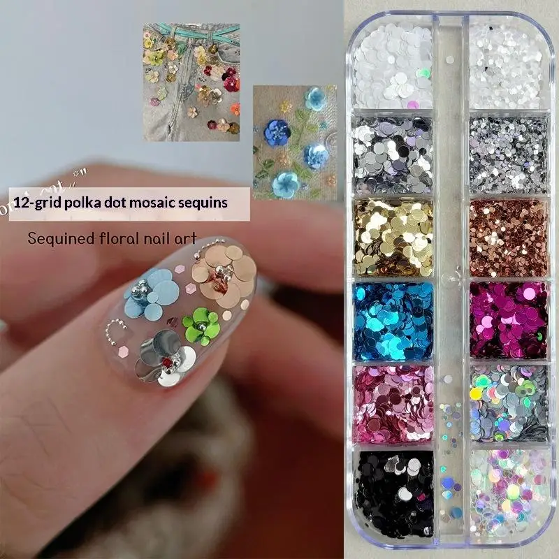 12 Grids Nail Glitter with Colorful Circular and Flower Designs for DIY Projects