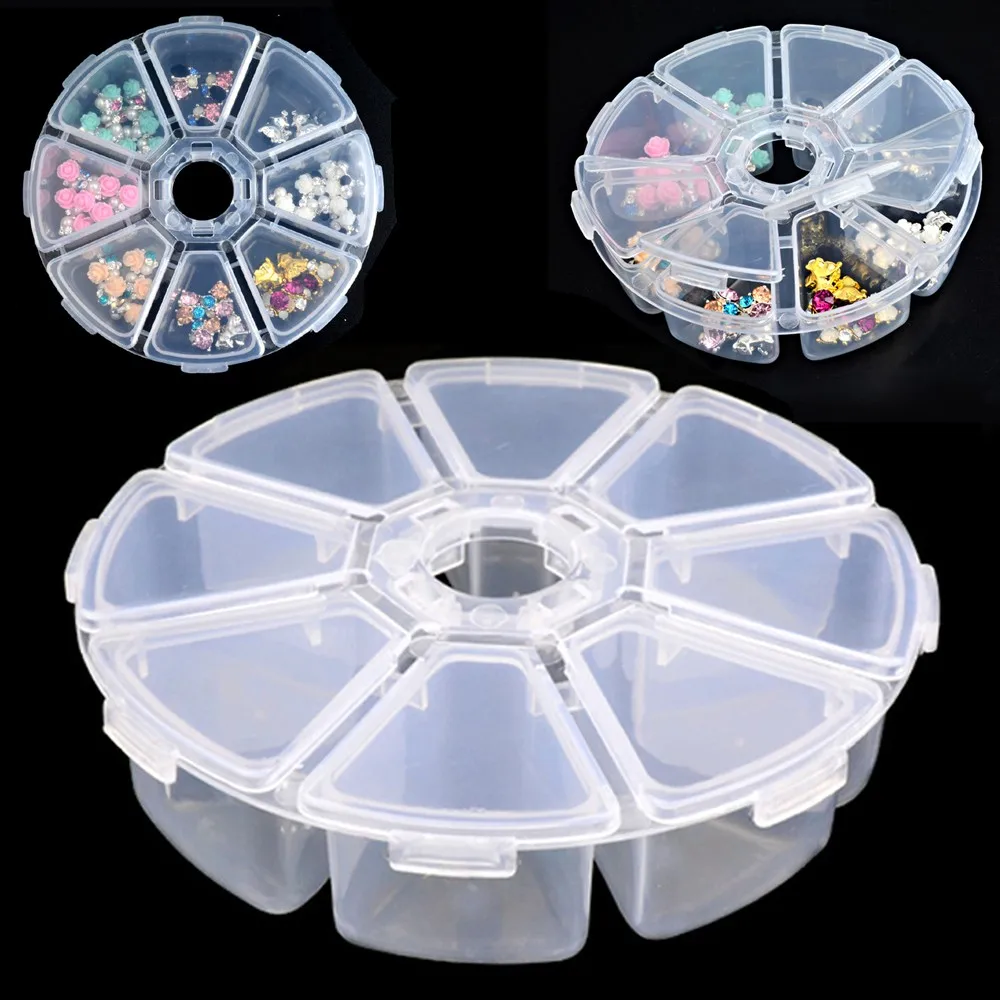 NEW SALE Mini 8 Grids Nail Art Beads Rhinestone Round Storage Box Organiser Case Round Organizer Tool