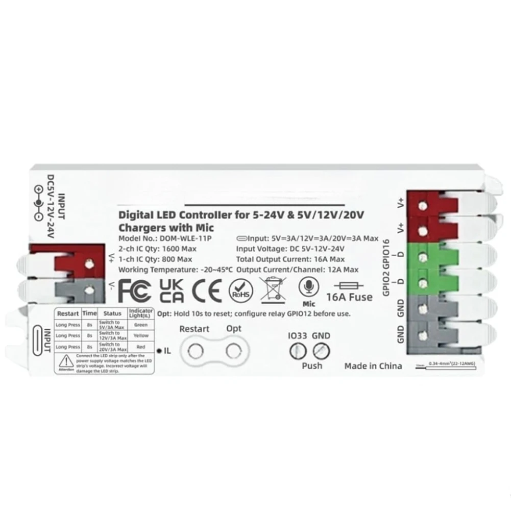 

For WS2811 LED Strip Controller For Outdoor Events Music Reactive Lighting Controller Power Tool Accessory 60W USB-C Input