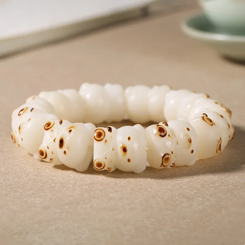 

White Jade Bodhi Root Carved Bear Bracelet Seiko Machine Bracelet Wen Play Buddha Beads Rosary Jewelry Gift