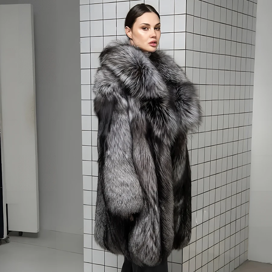 Echte Silberfuchs Pelz mäntel Damen Fuchs Pelz jacken mit Schal kragen 2024 Winter warme lange Damen Out wears