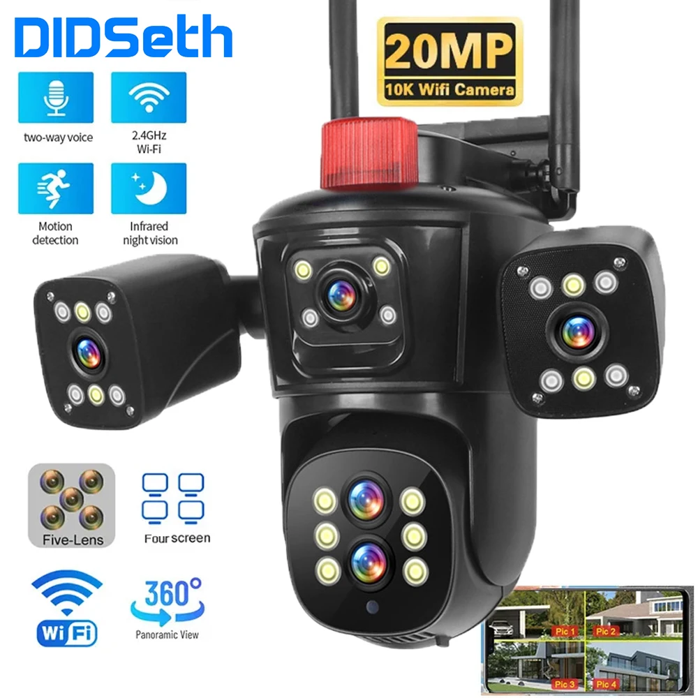 DIDSteh 무선 야외 스마트 자동 추적 CCTV PTZ 감시 카메라, 와이파이 IP 카메라, 4 개 스크린, 5 개 렌즈, 10X 줌, 20MP