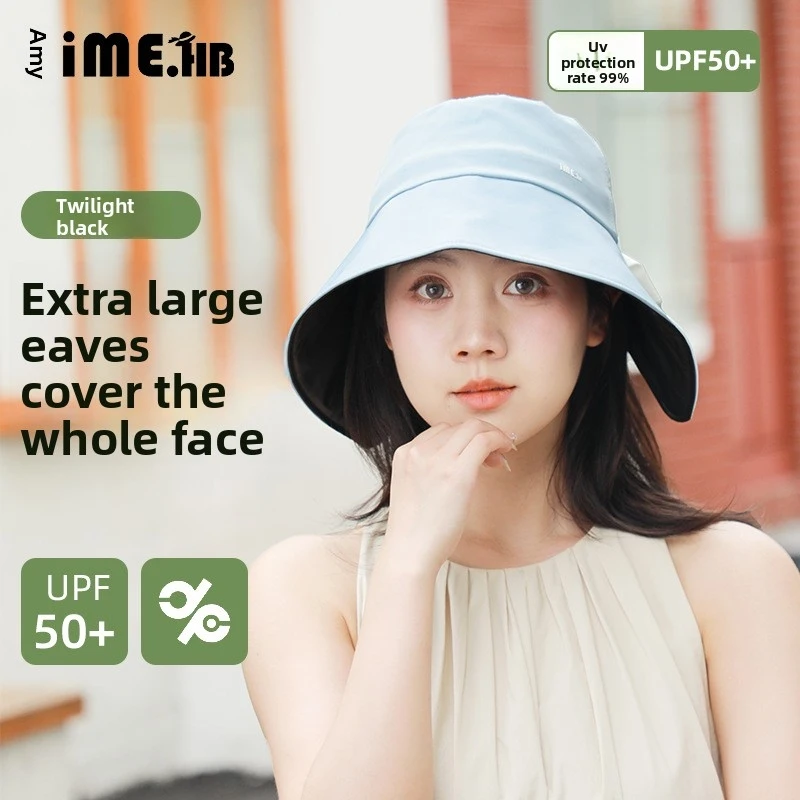 imenew-大きなつばの黒いリボン付きサンハット、つばの広いフィッシャーマンハット、夏用紫外線対策帽子