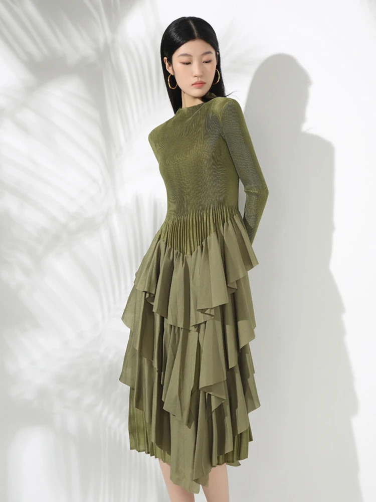 Moda sólida em camadas vestidos irregulares primavera feminino o pescoço manga comprida vestido plissado outono cintura alta magro na altura do joelho vestido