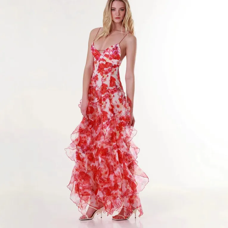 V Neck Printed Gown Maxi Length Commuter Chic with Sleeveless Princess Sleeve Slim Fit Zipper Closure Dress Summer for Women