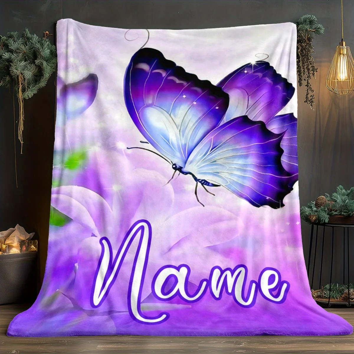 Customized Name Purple Butterfly Flower Fantasy Fran Velvet Blanket Lightweight and Soft Four Seasons Universal Sofa Bed Travel