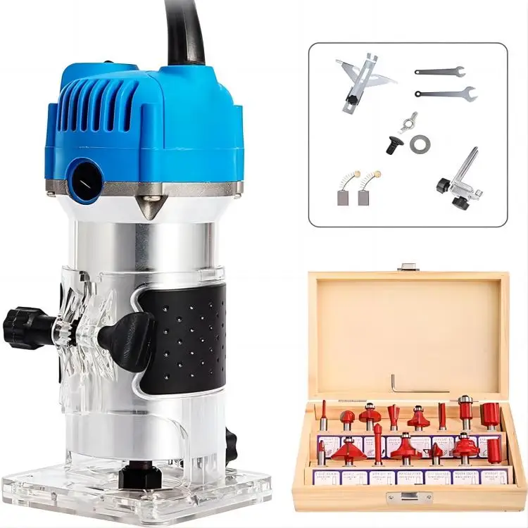 Wood Router Compact Wood Palm Router Wood Trimmer Laminate Milling Engraving Hand Machine With 15 Pcs 1/4