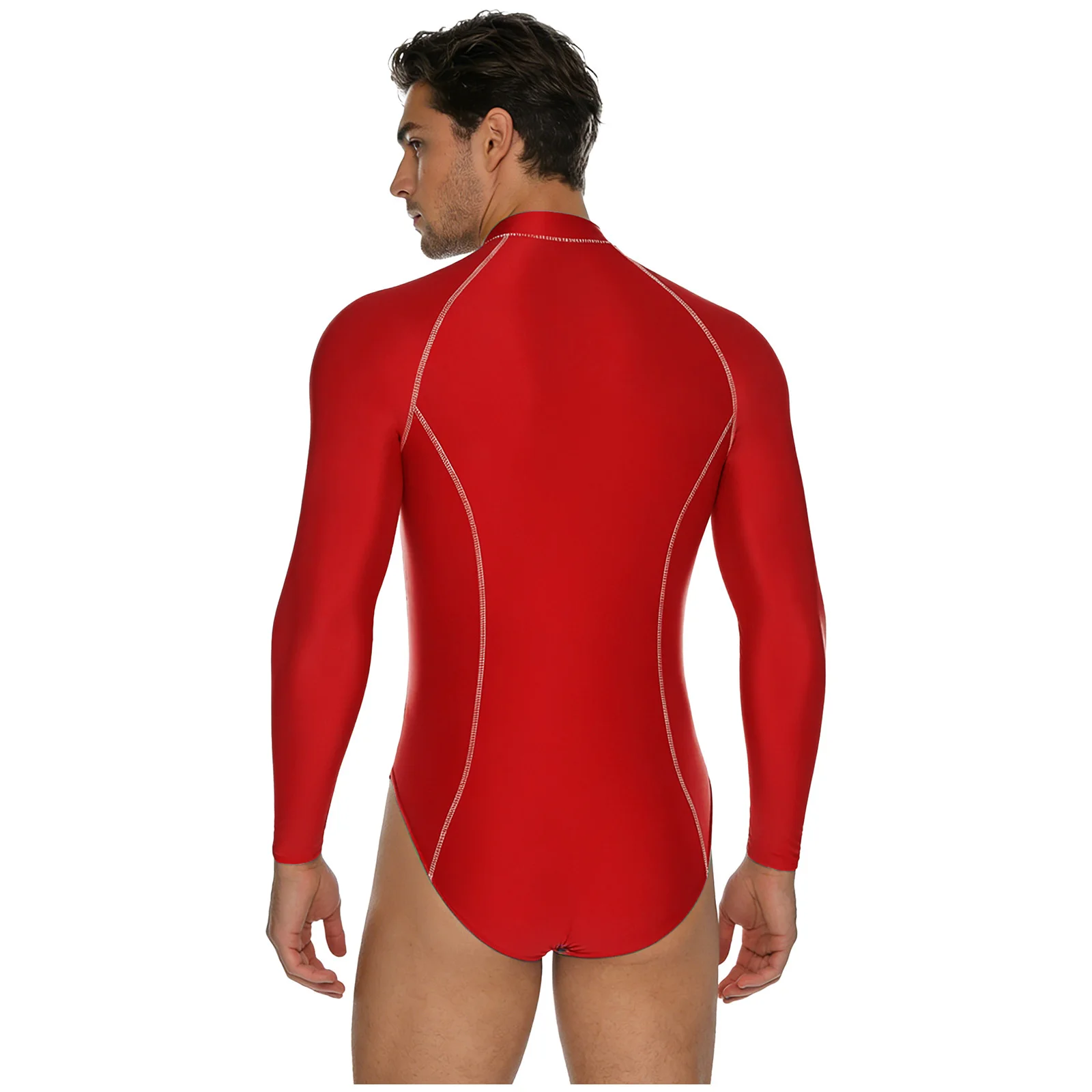 Men Glossy Bodysuit Rash Guard Swimsuit Long Sleeve One Piece Swimwear Front Zipper Leotard Jumpsuit Beach Surfing Swimming Suit