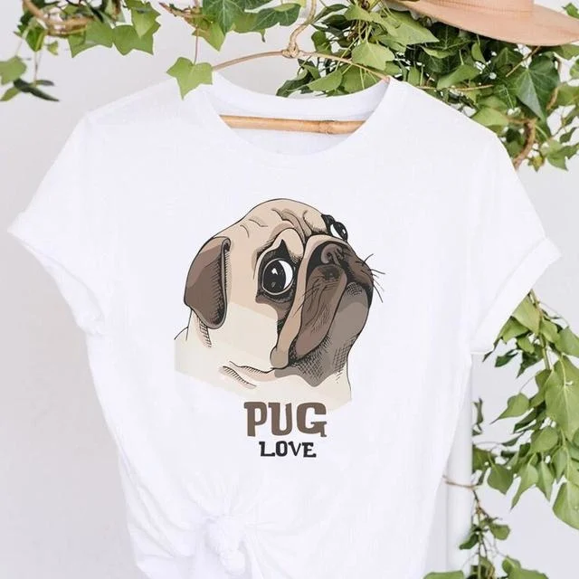 

Cute Pug Tee Women Y2k T Shirt Female Japanese Clothes Kawaii Dog Lover Tshirt Girls White Short Sleeve T-Shirt Female Tops