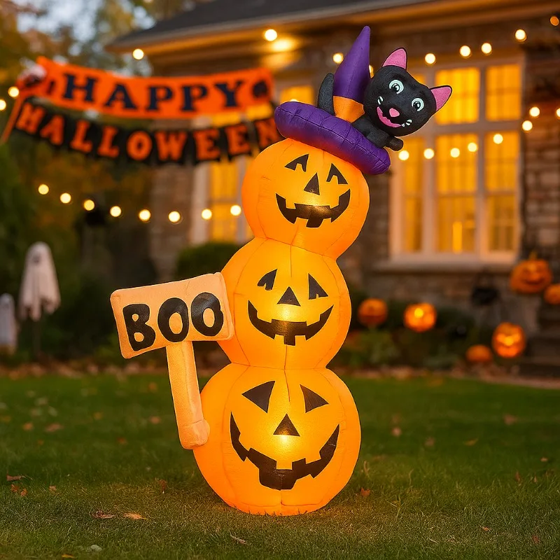 5.2FT Halloween Inflatable Toys Pumpkin Tower with Cat Inflatable Model Party Outdoor Garden Indoor Decorations with LED Lights