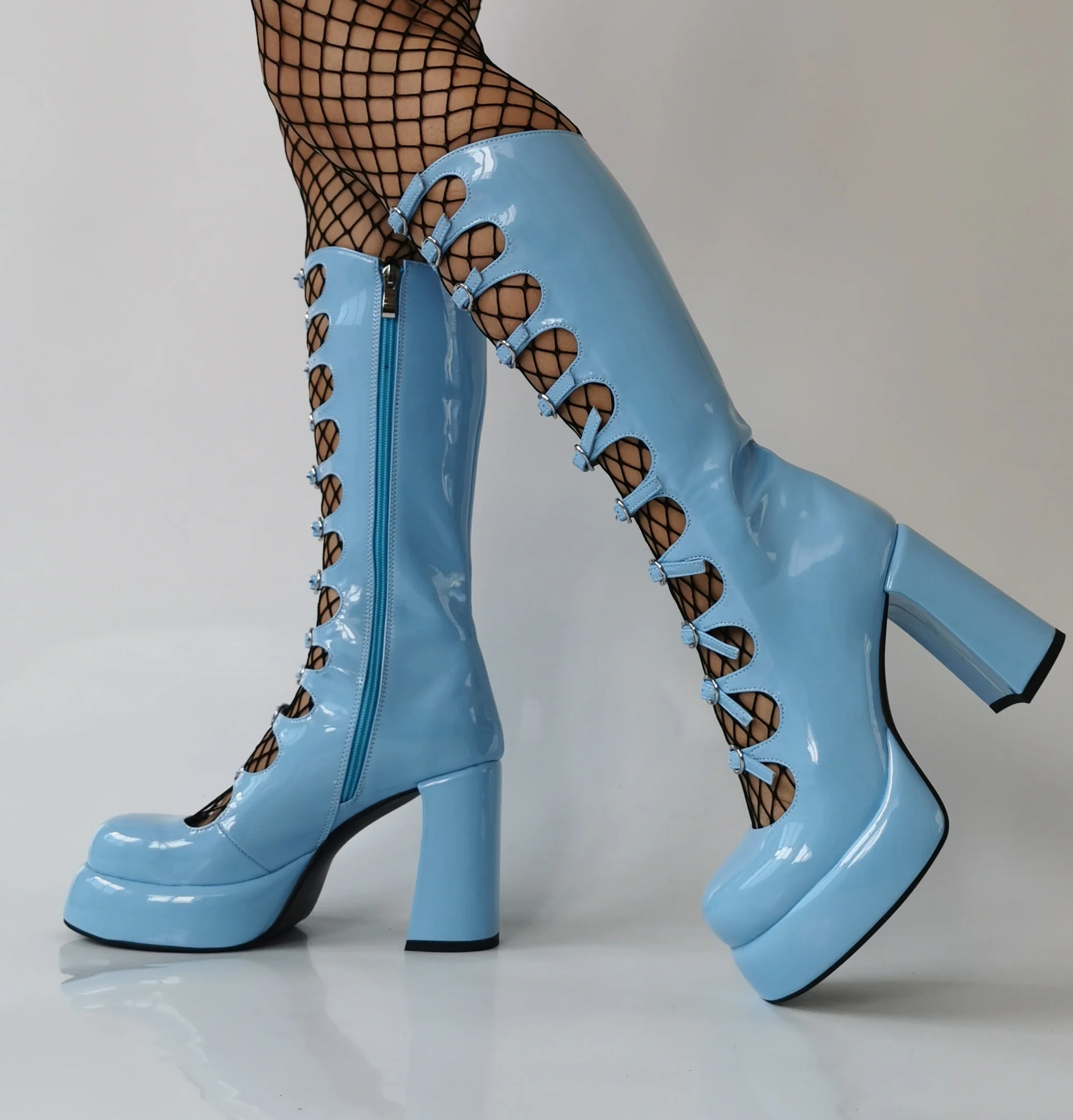 Blue Patent Leather Chunky Heels Cut-outs Women Gladiator Knee High Sandals Boots Lady Round Toe Platform Zipper Banquet Shoes