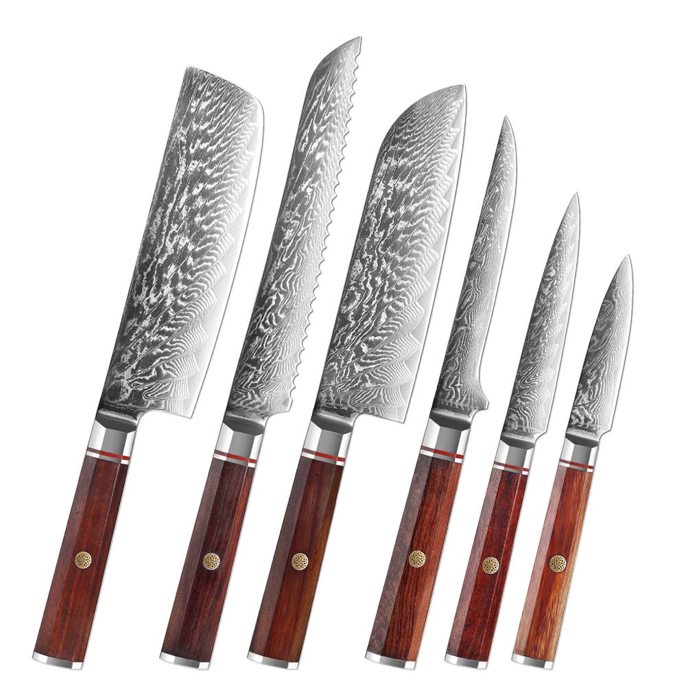 

Kitchen Knives Set 1-6PCS Damascus Steel Santoku,Cleaver,Paring,Bread ,Boning, Cooking Knives Red Acid Branch Octagonal Handle