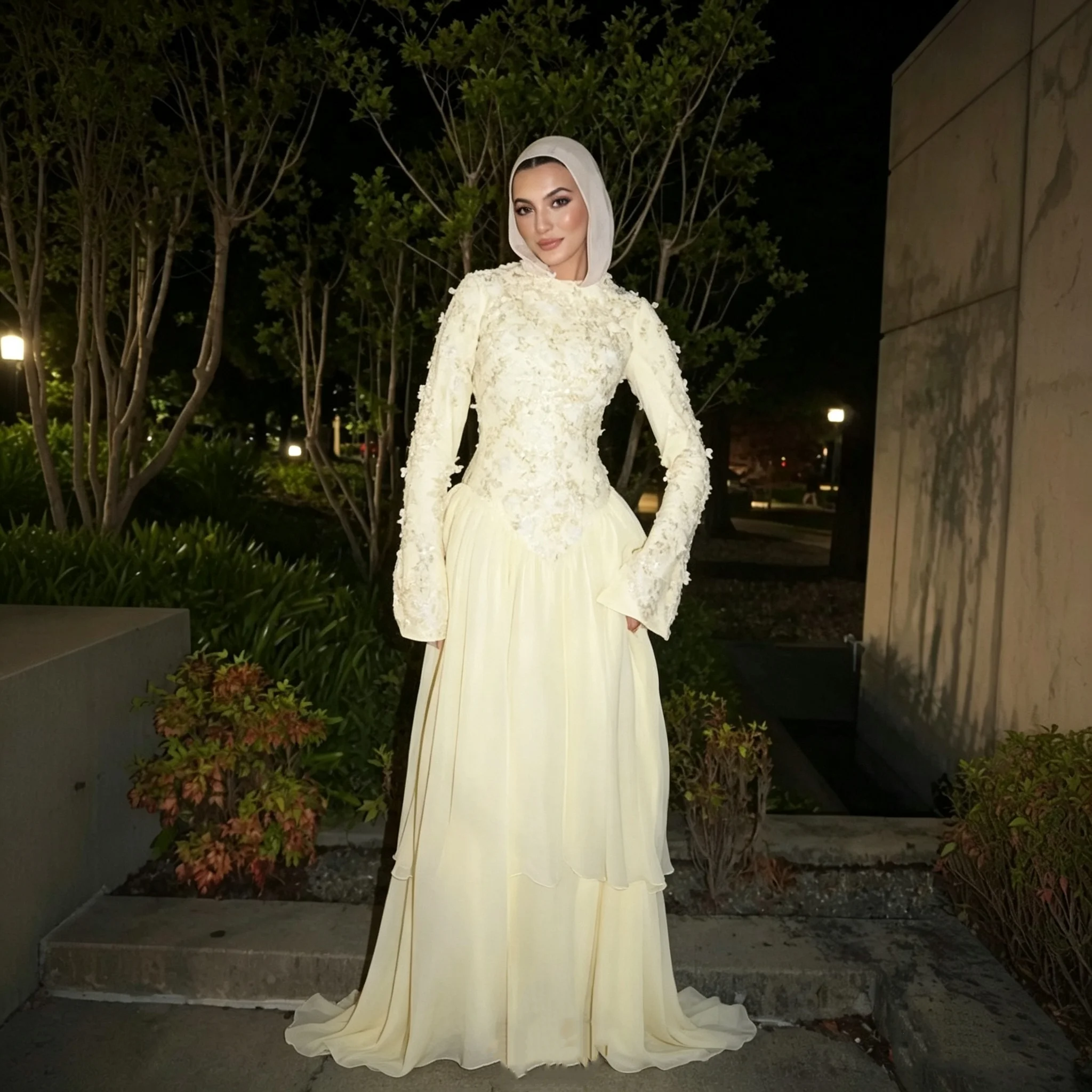 Muslim High Necked Long Sleeved Embroidered Sequin Embroidery Chiffon A-line Wedding Guest Party Dance Dress Customization