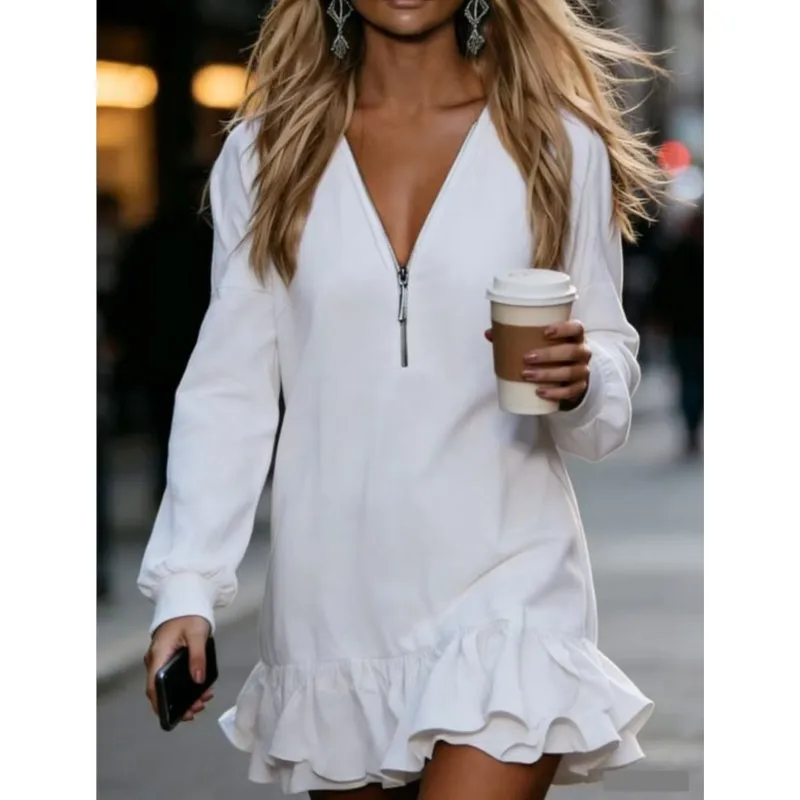 Vestido de moda feminino 2026 outono zíper com borda babados sólido mini vestidos casuais solto cor sólida com decote em v vestido de manga comprida