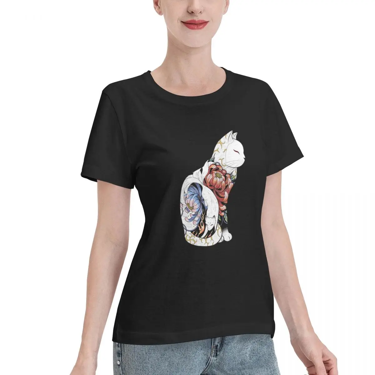 Limited Offer Kitsune Cat Tattoo Women's T-shirt Comfy Wear Soft Skin Friendly Top
