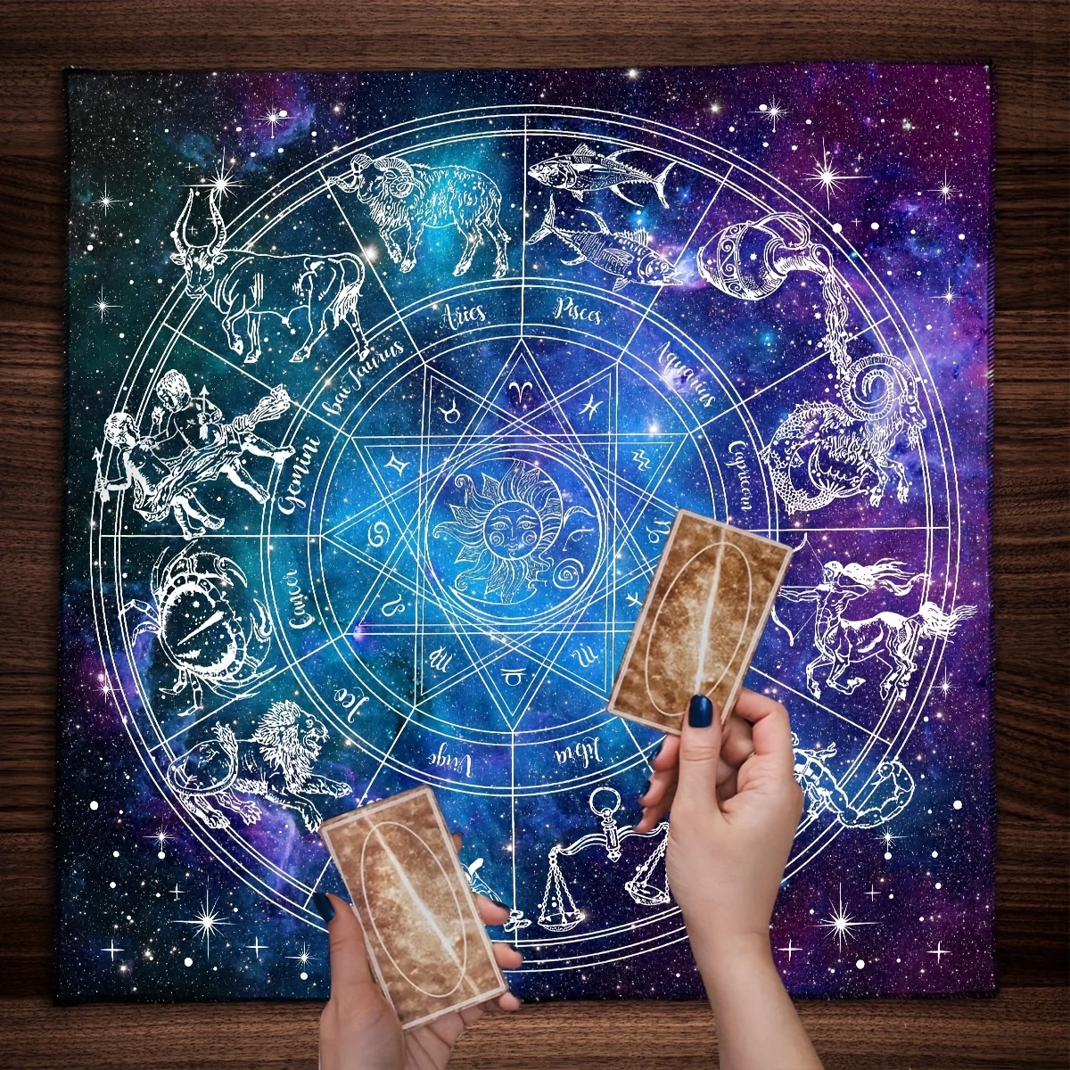 VIKAMA 12 Mantel de cartas de Tarot del zodiaco, sol, luna, cielo estrellado, mantel de cartas de Tarot, juego de lectura extendida, decoración