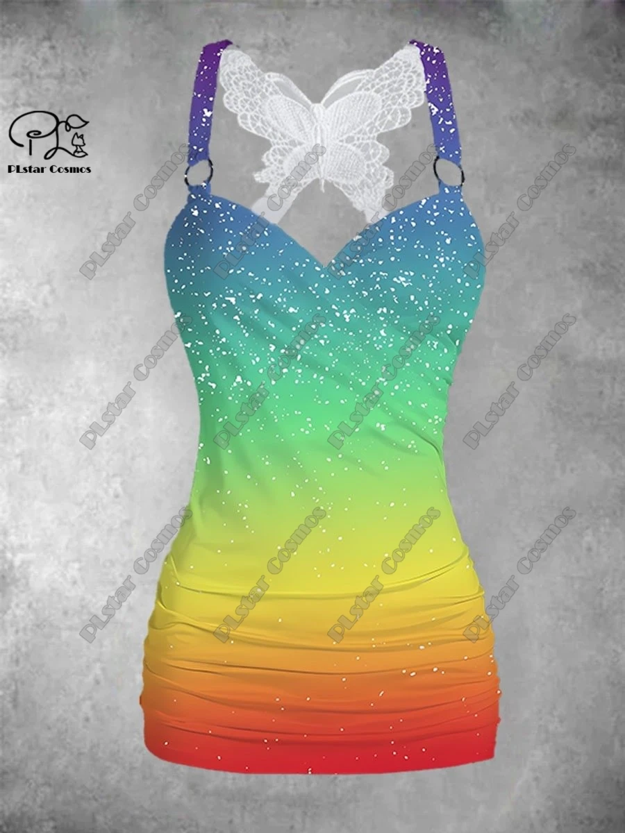 PLstar Cosmos New 3D Printed Women's Color Gradient Art Retro Print Butterfly Vest + Wide Leg Pants Two-piece Set