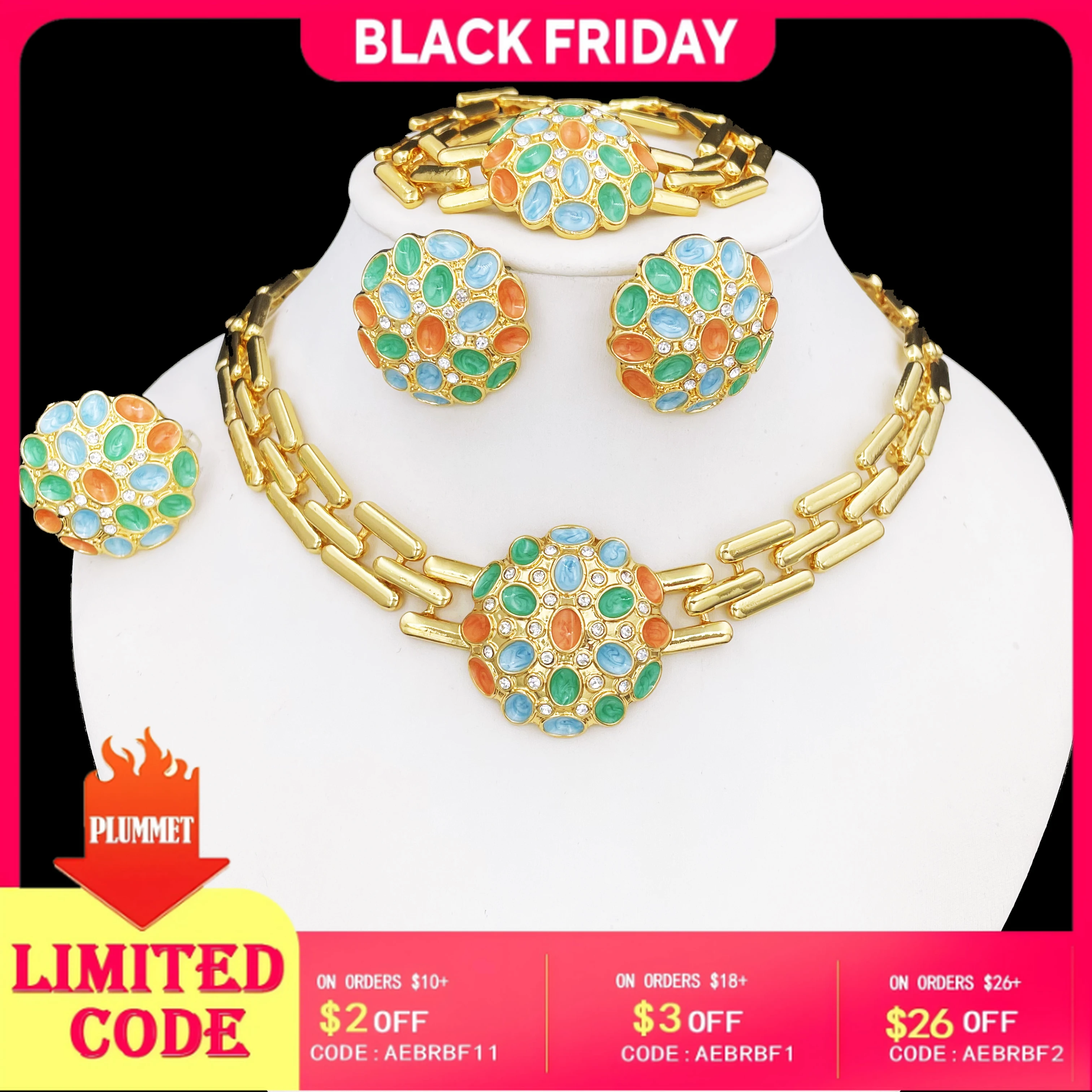 

Женский комплект ювелирных изделий, красочный классический дизайн, 18-каратное позолоченное ожерелье, серьги, браслет, кольцо, комплект из 4 предметов, ювелирные изделия, подарок для свадебной вечеринки