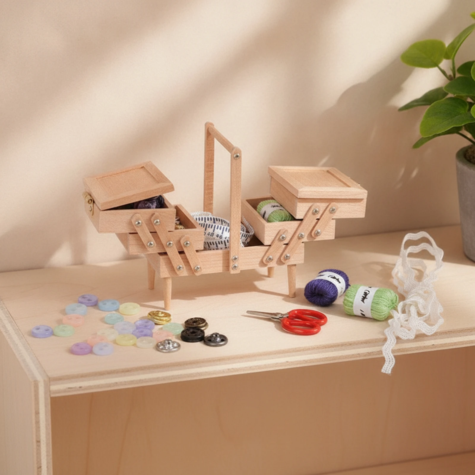 Miniature Sewing Box with Accessories Vintage-Inspired Miniature Sewing Box Accessory Detailed Ornament Small for Collectors
