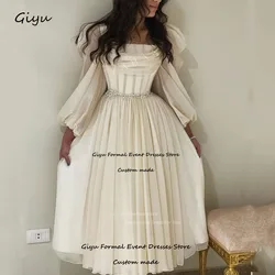 Giyu Chiffon Long Sleeves Prom Dresses Pleats Crystal Beaded Prom Gowns Formal Party Elegant Gowns Dubai Evening Dress Women