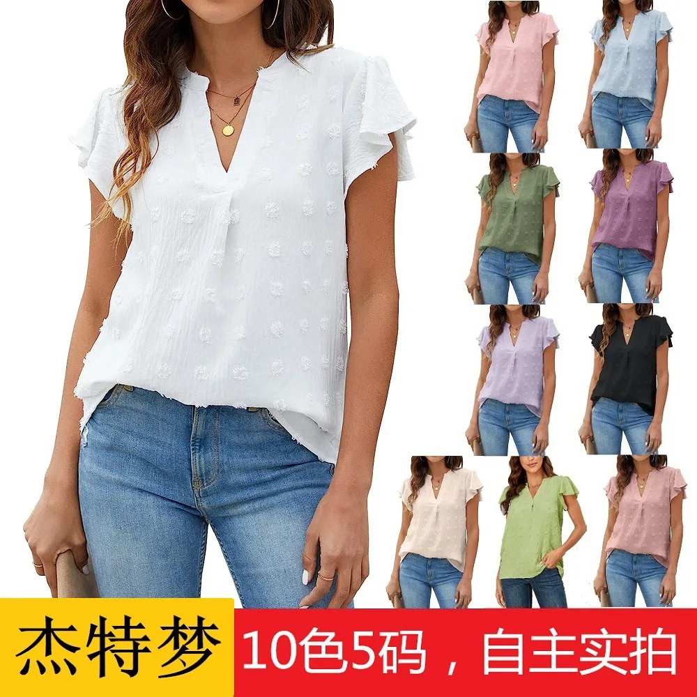 

2025 Summer New V-neck Pleated Lotus Leaf Sleeves Hairball Top Chiffon Shirt European and American Women's Clothing