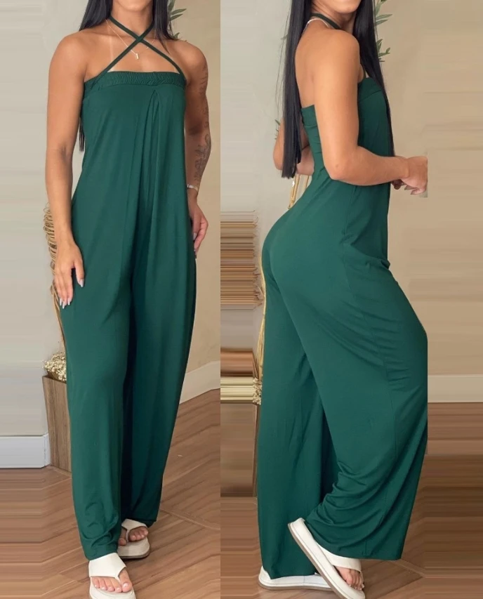 Women's Jumpsuit Criss Cross Strap Halter Bandeau Sleeveless Ruched High Waist Jumpsuit Solid Color Casual Wide Leg Long Romper