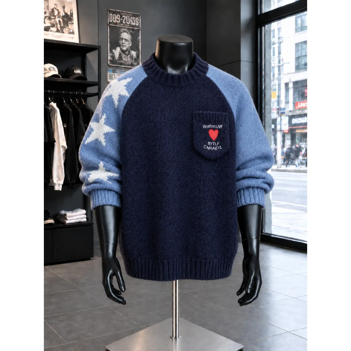 American Style Color Block Star Design Sweater Hooded Shoulder Insert Men's Autumn Lazy Knitted Shirt Casual All-Match Regula...