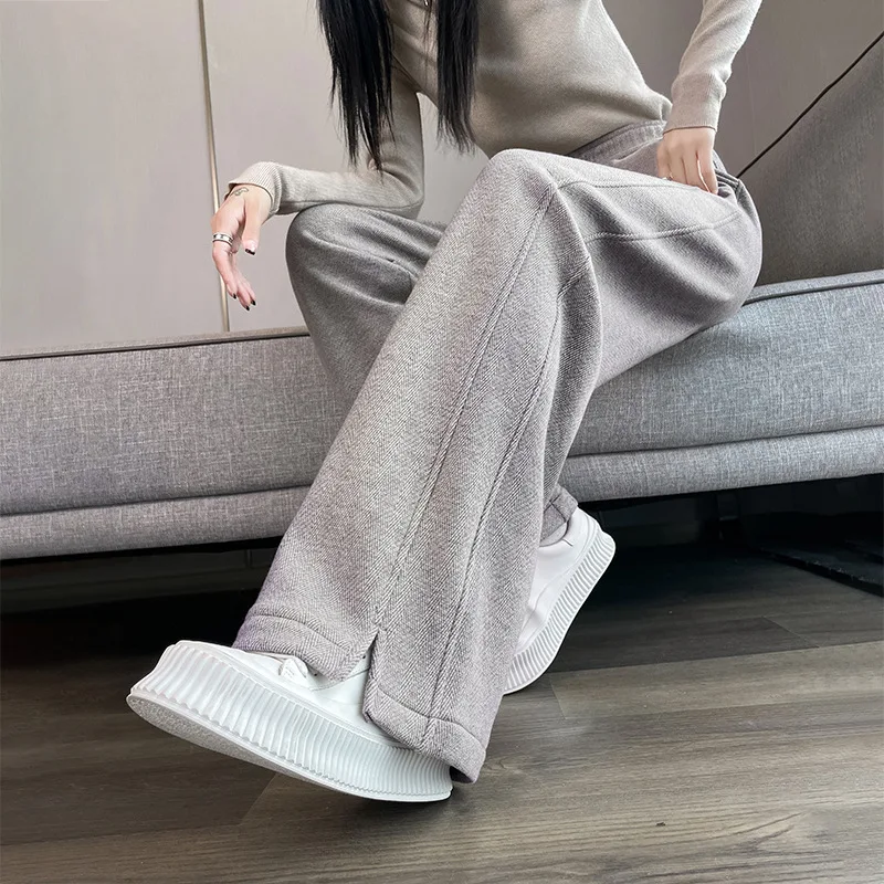المرأة الخريف/الشتاء وصول جديد عالية الخصر مستقيم الساق سميكة سبليت رقيق بنطال ذو قصة أرجل واسعة في نسيج القطن والكشمير